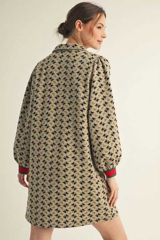 Puff Sleeve Geometric Print Shift Dress