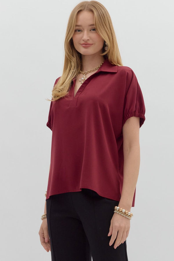 Solid Burgundy Short Sleeve Split Collar