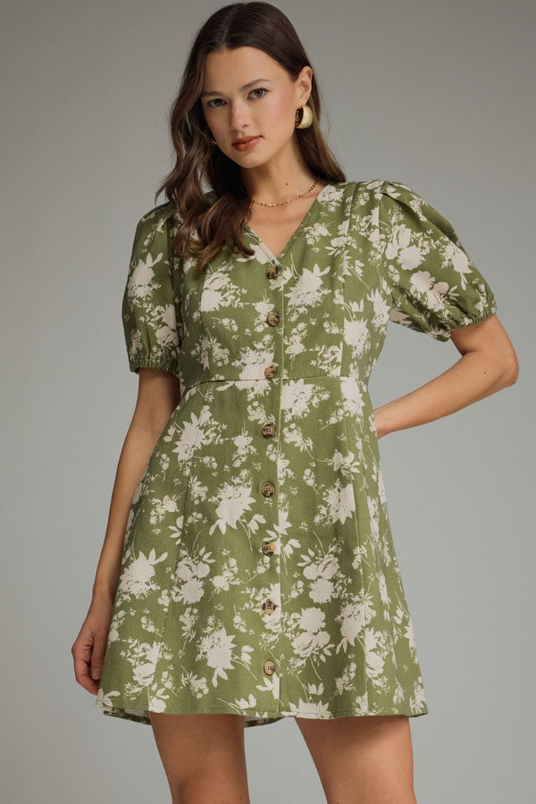 Olive Floral Puff Sleeve Mini Dress