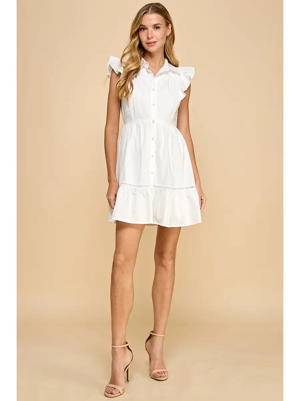 White Fit and Flare Button Up Ruffled Sleeves Dress