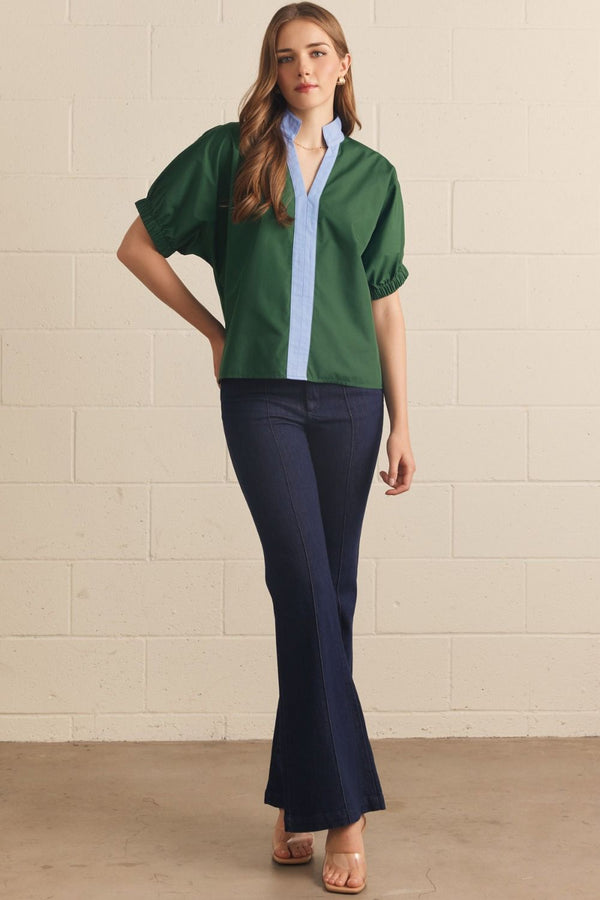 Green Puff Sleeve Top w Contrast Collar and Front Trim