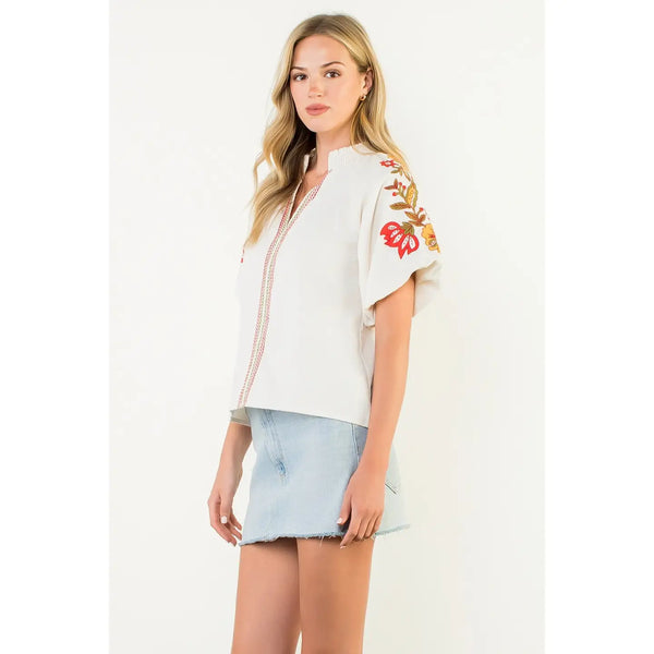 Embroidered Detail Puff Sleeve Cream Corduroy Top