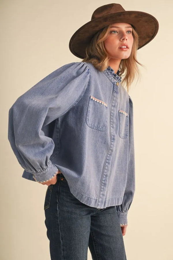 Denim Button Down Top w Ruffle Mock Neckline