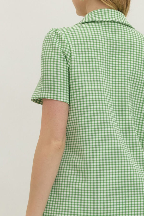 Green Gingham Print Mini Dress w Half Zip Detail