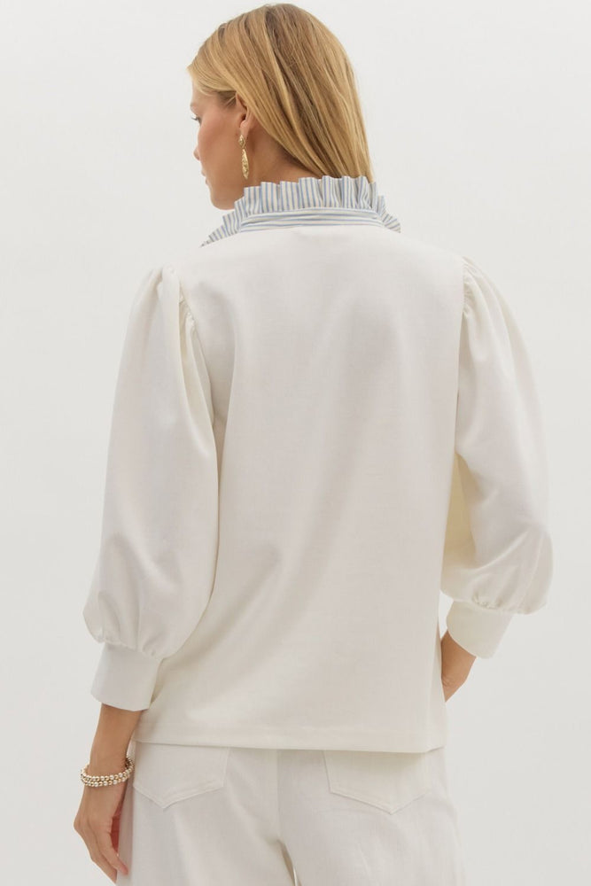 White Popover Top with Chambray Stripe Collar