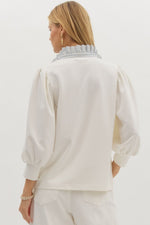 White Popover Top with Chambray Stripe Collar