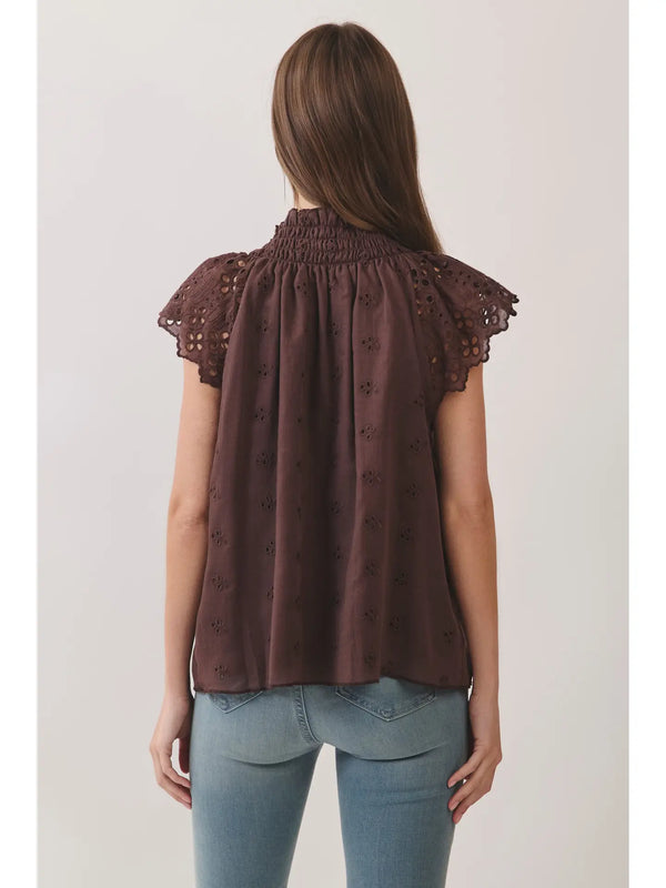 Eyelet Embroidered Chocolate Flutter Sleeve Top