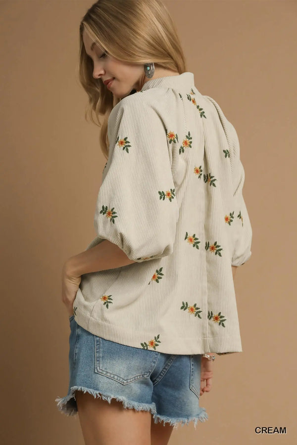 Corduroy Floral Embroidered Blouse