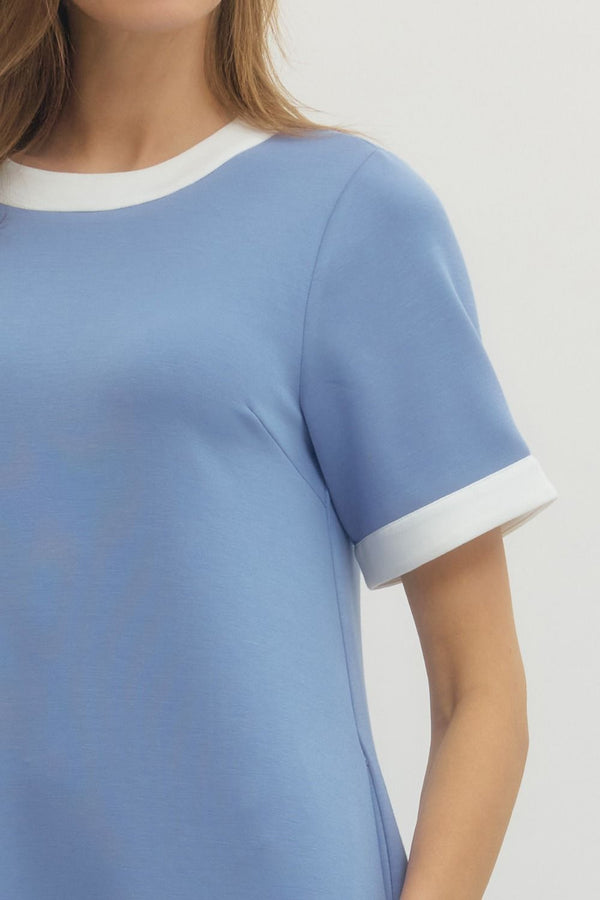 Solid Chambray Mini Dress w Contrast Trim