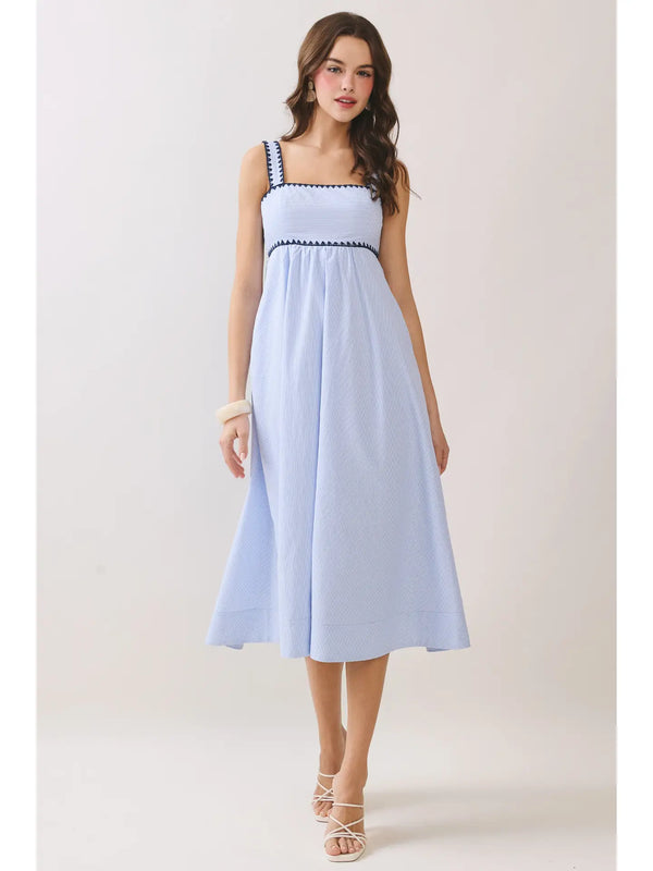 Contrast Trim Detail Empire Waist Blue Midi Dress