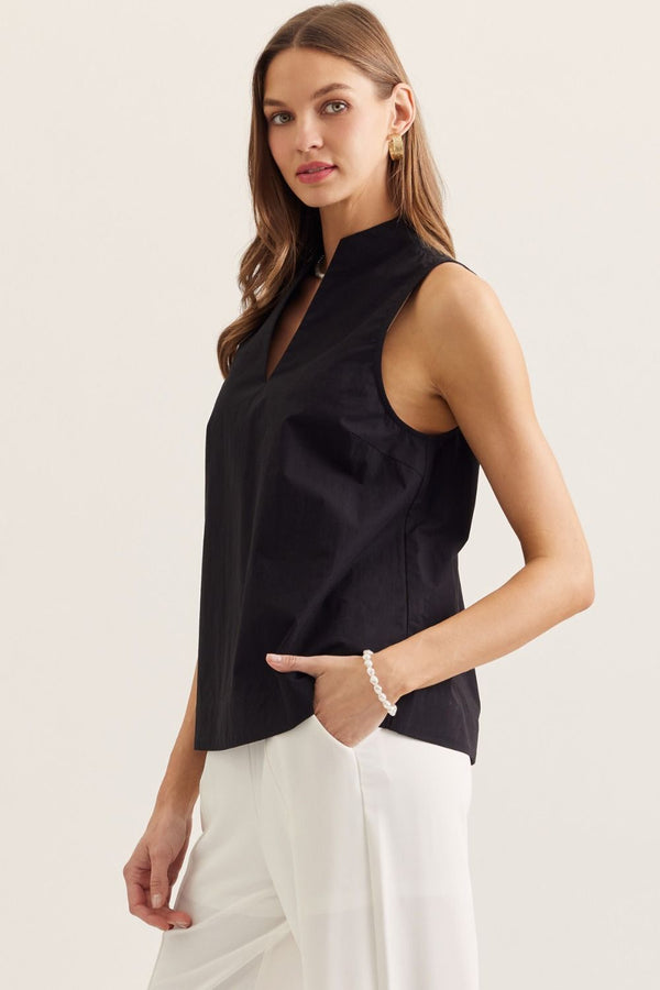 Solid Black Sleeveless Top Featuring Split V-neck