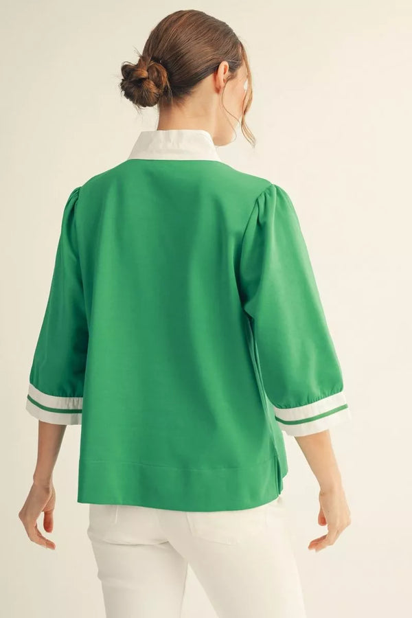 Kelly Green 3/4 Sleeves Top w Color Contrast Accent