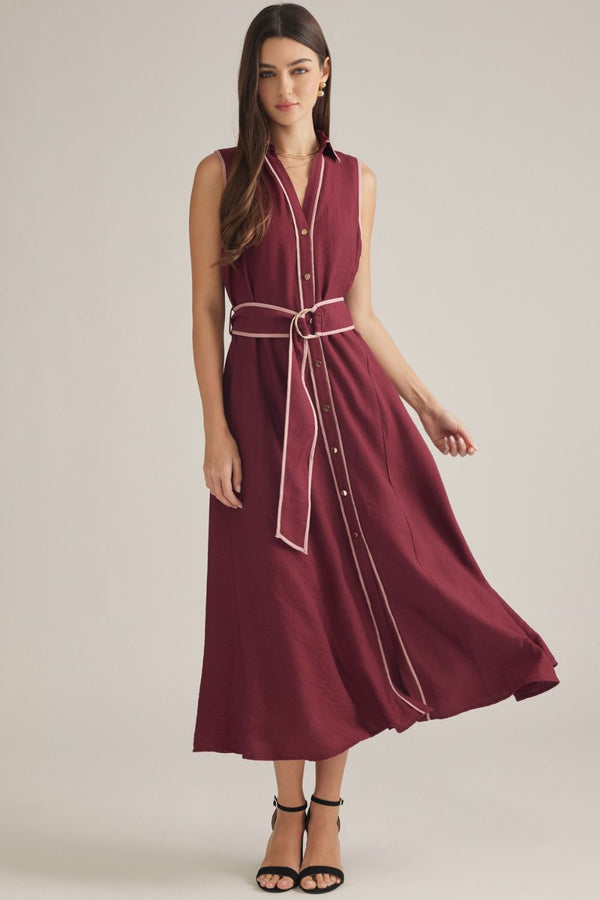 Sleeveless Burgundy Midi Dress w Contrast Piping & Belt