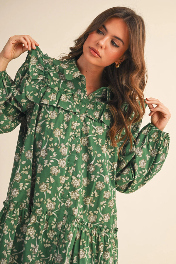 Deep Green Ruffle Trim Button Down Mini Dress