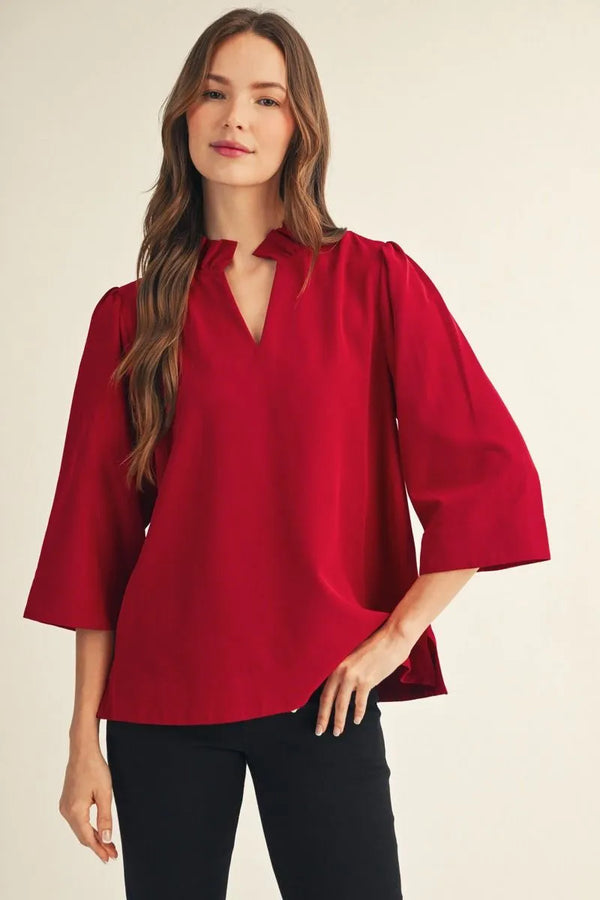 Burgundy 3/4 Sleeves Crinkled Top w Ruffled Neckline