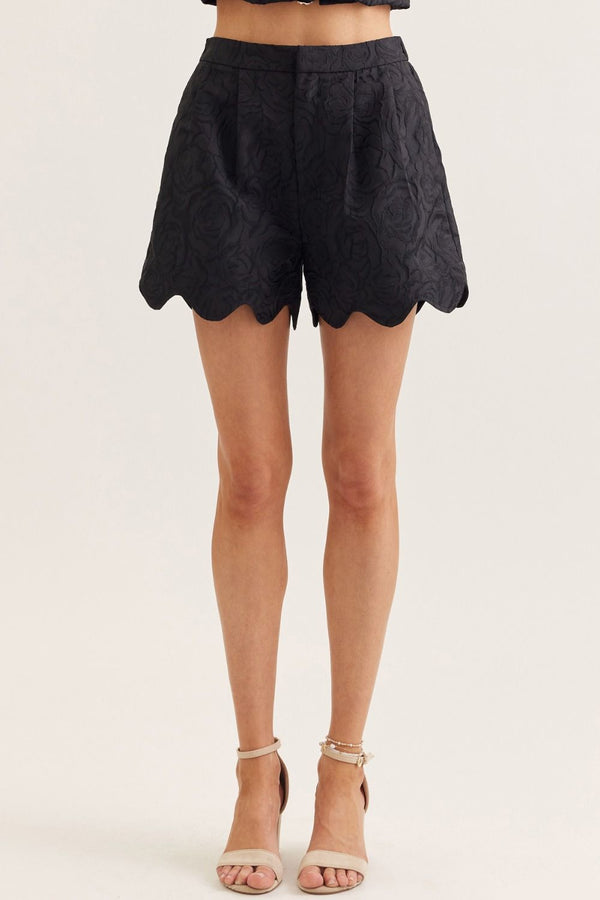Black Jacquard Scallop Hem Shorts w Rose Pattern