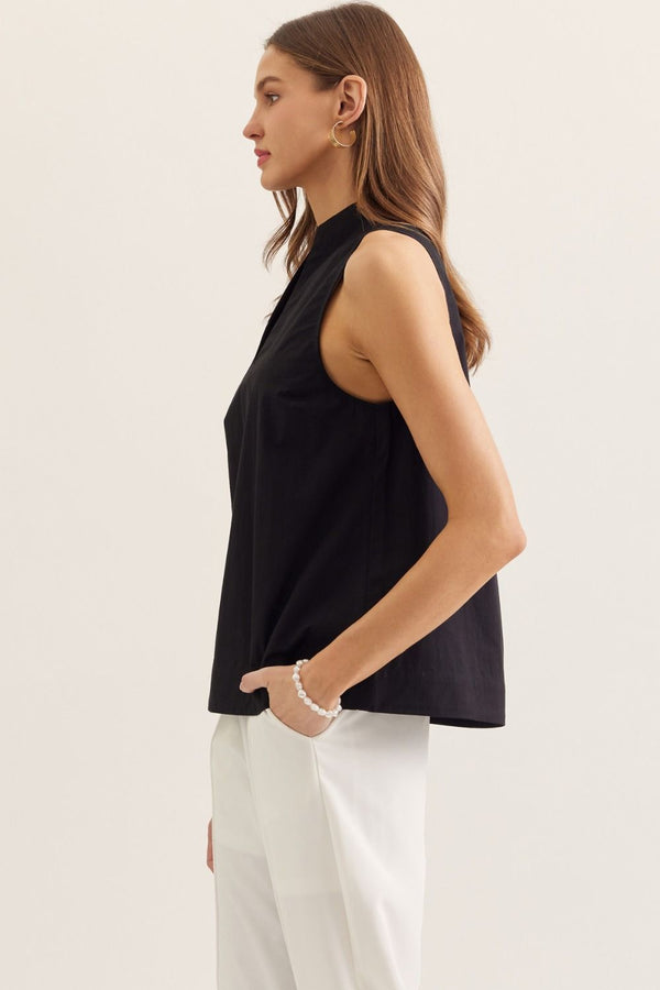 Solid Black Sleeveless Top Featuring Split V-neck