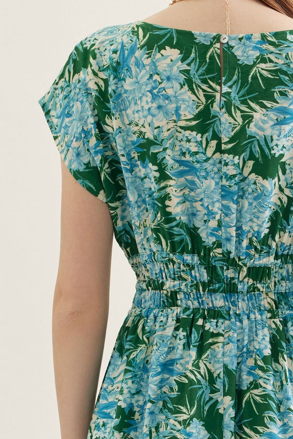 Botanical Green & Blue Print Cap Sleeve Midi Dress
