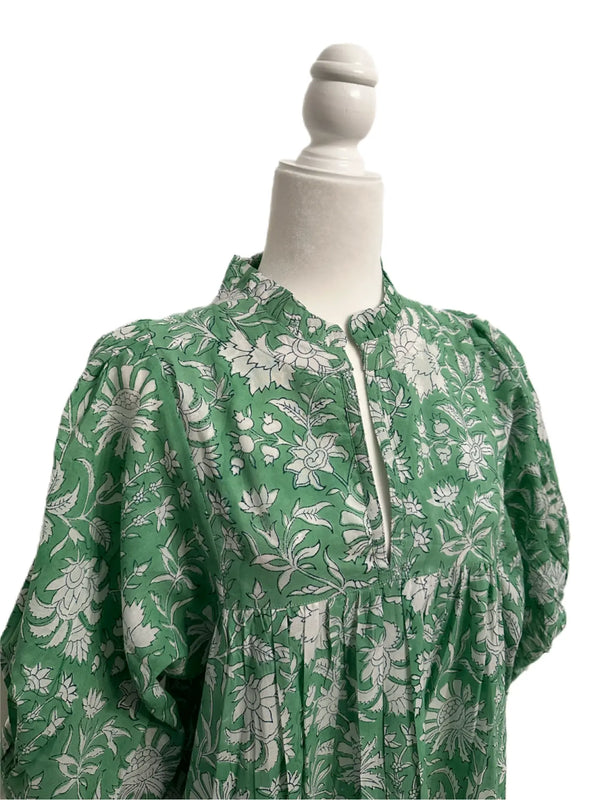 Green Floral Maxi Puff Sleeve Dress W Pockets and Belt