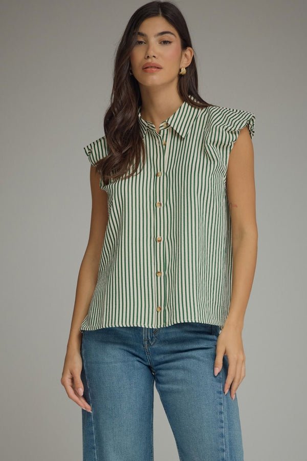 Olive Stripe Cap Sleeve Top w Ruffle Trim Sleeves