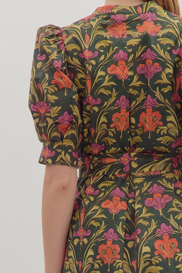 Olive Botanical Print Puff Sleeve Mini Dress w Buckle Belt