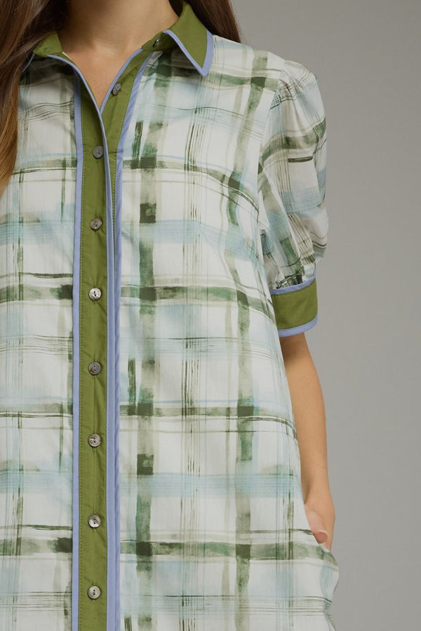 Olive Plaid Short Puff Sleeve Midi Dress