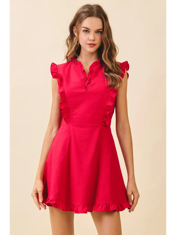 Fit and Flare Ruffled Notched Neck Mini Dress Red
