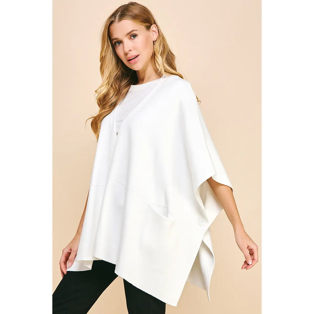 Sweater Cape/Poncho with Side Button - Off White