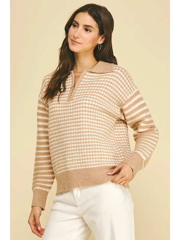 Mixed Pateern Quarter-Zip Knit Sweater | Oatmeal