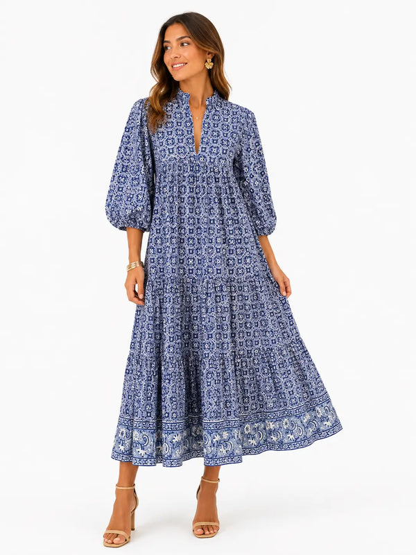 Blue Geometric Maxi Puff Sleeve Dress W Pockets