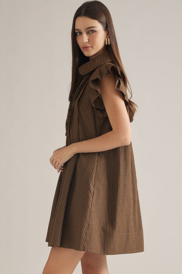 Black & Tan Gingham Ruffle Sleeve Mini Dress w Shirt-Style Neckline