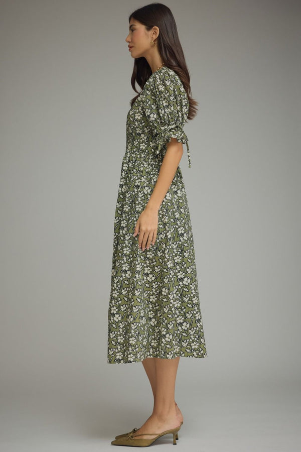 Olive Floral Print Puff Sleeve Midi Dress w Front Zipper Closure