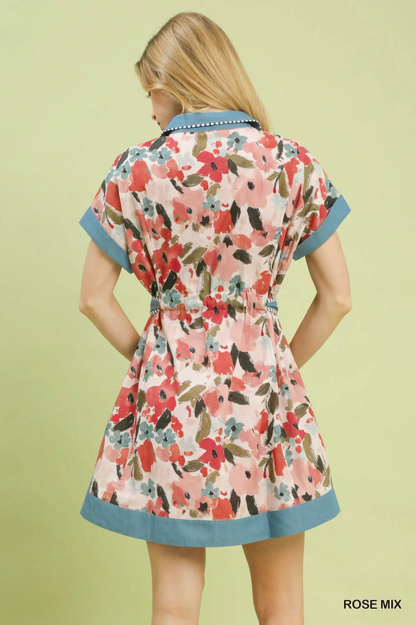 Rose Mix Watercolor Floral Belted Shirt Dress