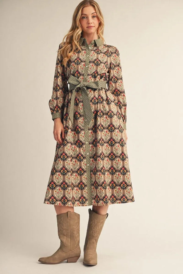 Black Multi Long Sleeves Button Down Floral Midi Dress w Belt