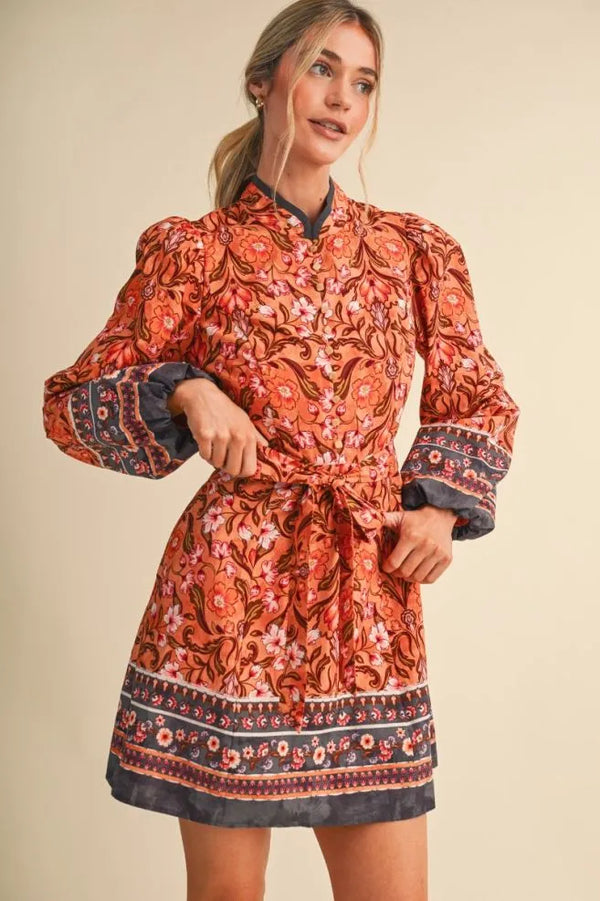 Mandarin Salmon Floral Border Print Belted Mini Dress