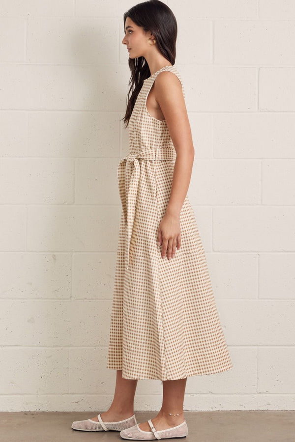 Tan Gingham Midi Dress w Self-Tie Waist Detail