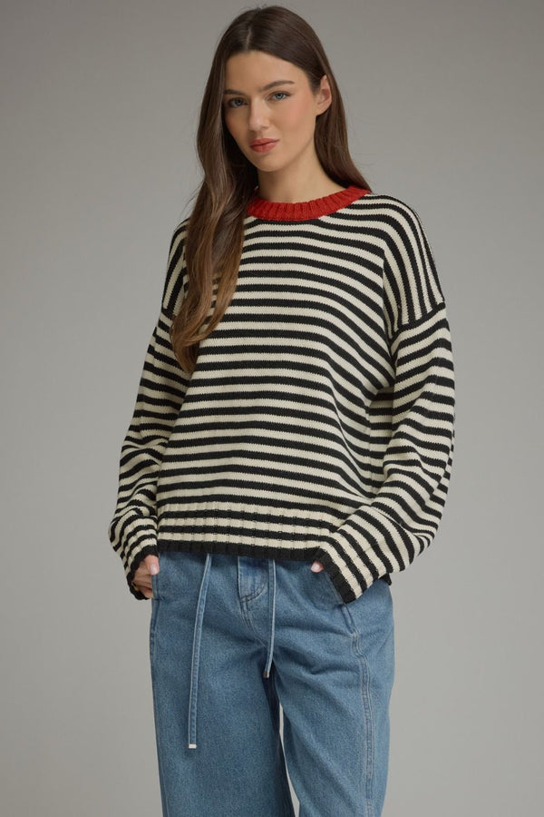 Cream & Black Stripe Knit Top w Contrast Round Neck
