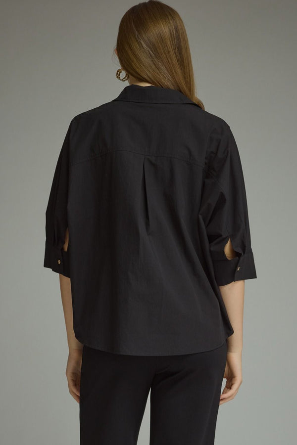 Black ¾ Sleeve Top w Button Closure