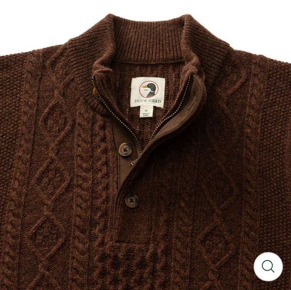 Haines 1/4 Zip Cable Knit Sweater Dark Brown Heather