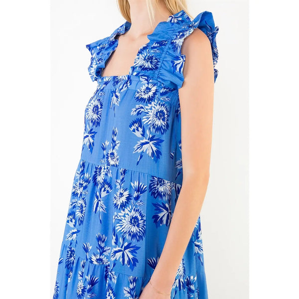 Flutter Sleeve Blue Floral Print Tiered Dress