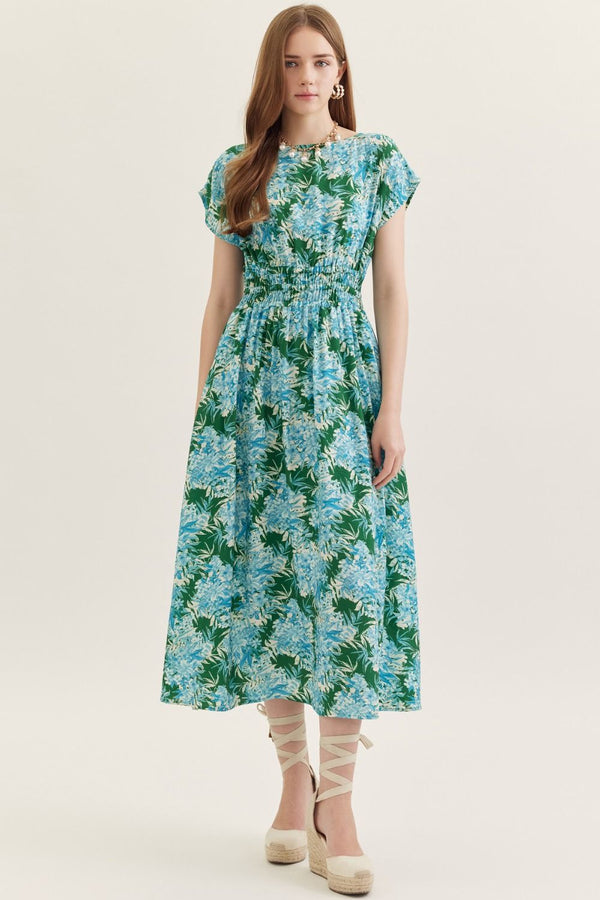 Botanical Green & Blue Print Cap Sleeve Midi Dress