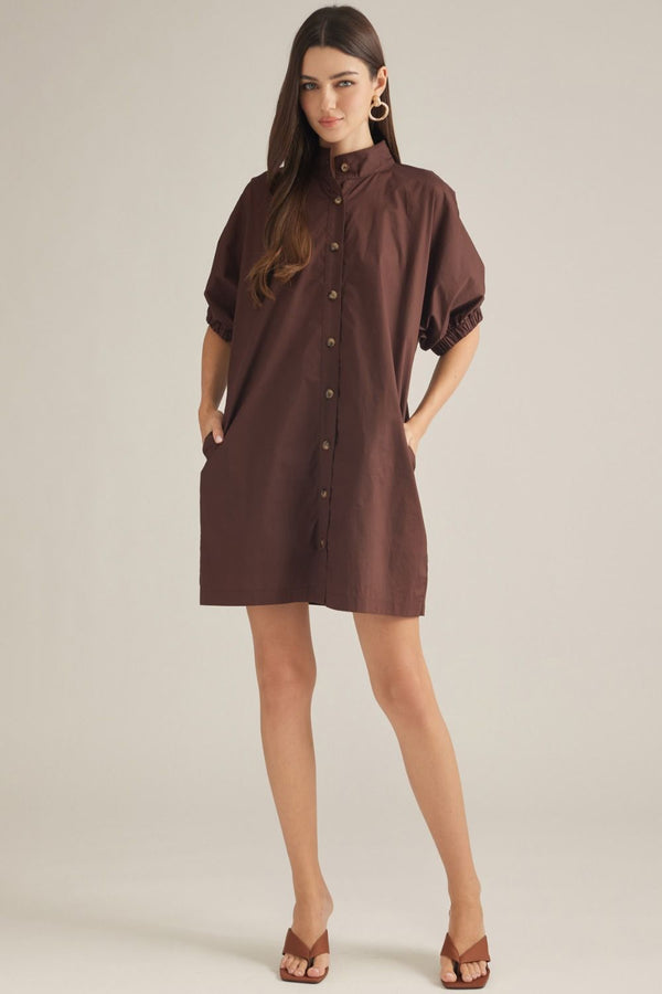 Solid Brown Short Puff Sleeve Mini Dress