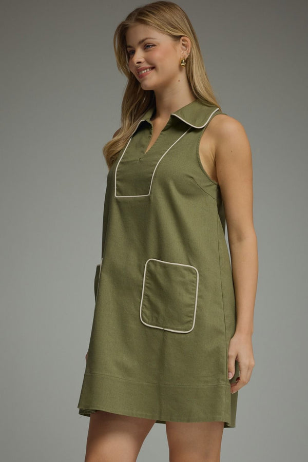 Olive Sleeveless Mini Dress w Contrast Piping