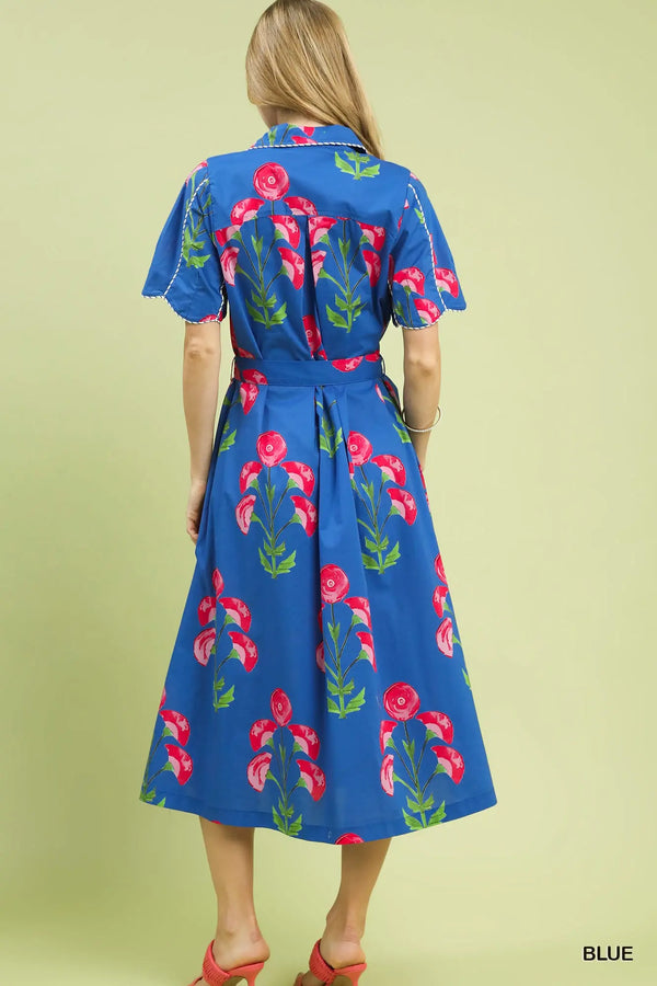 Blue Floral Belted Midi Dress