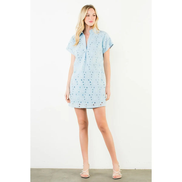 Blue Short Sleeve Floral Eyelet Embroidery Dress