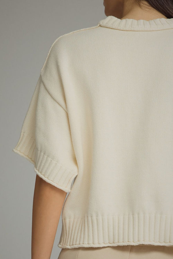 Ecru Short Sleeve Knit Top w Ribbed Trim Detail