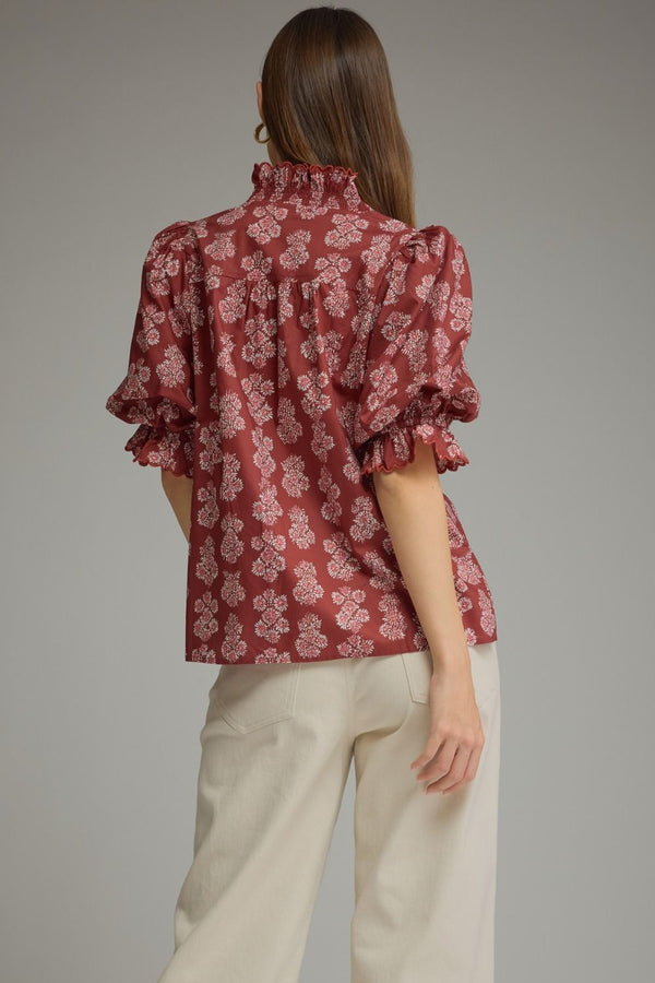 Burgundy Floral Print Puff Sleeve Top w Ruffled V-neckline