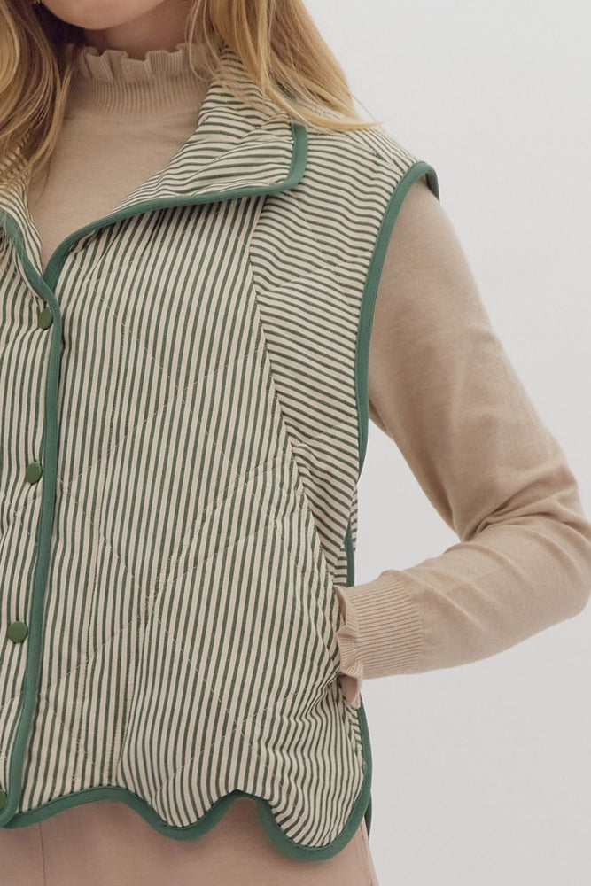 Striped Oversized Quilted Vest: Green