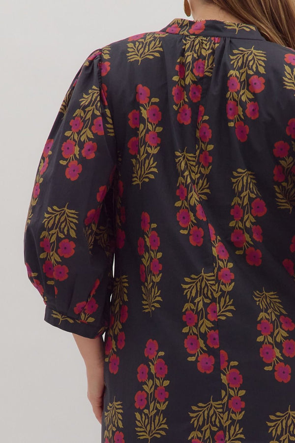 Black Floral Pattern V-neck Band Collar Mini Dress