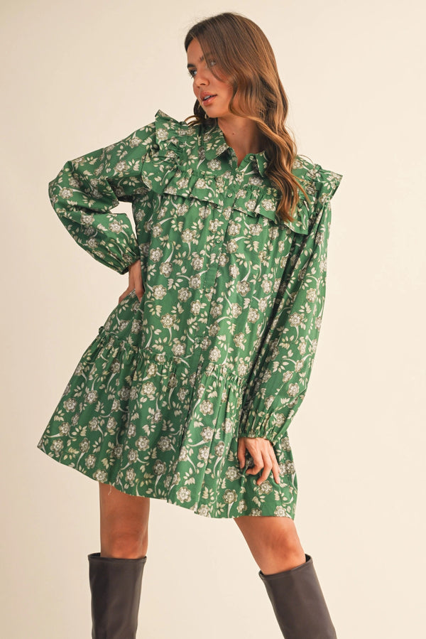 Deep Green Ruffle Trim Button Down Mini Dress